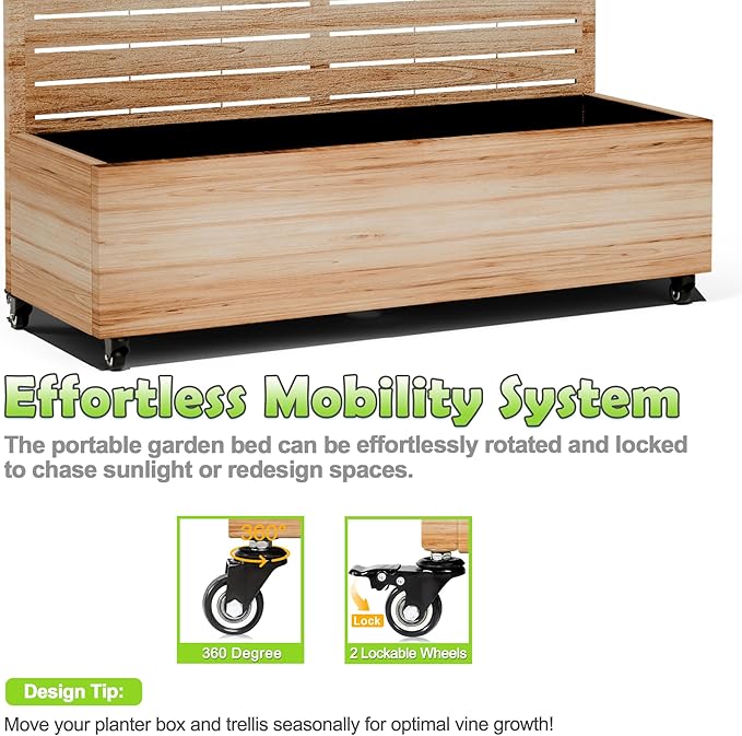 Metal Trellis Planter Box for Climbing Plants Large Raised Garden Bed with Trellis and Wheels 47 L Standing Privacy Planter for Patio with Drainage Holes (Acacia Wood Grain Louvered)
