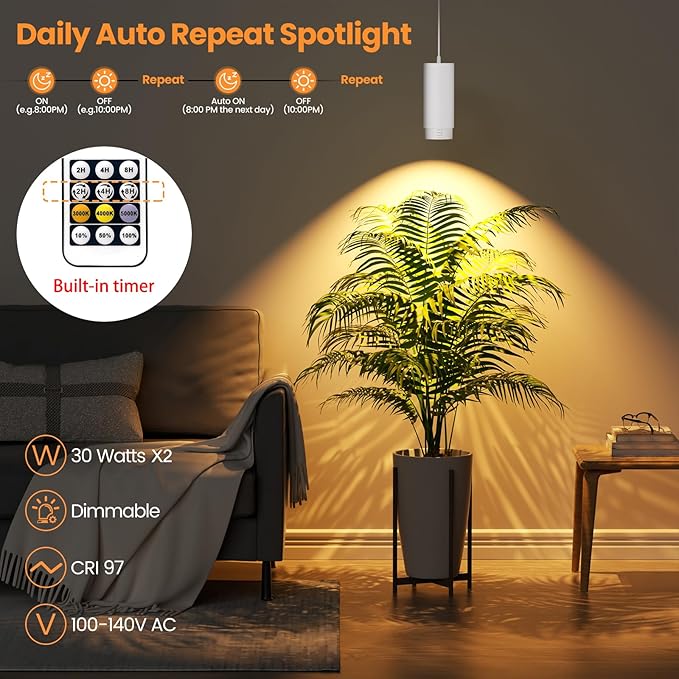 Zoomable Remote Pendant Grow Lights with Auto On/Off Timer 2X 30W Full Spectrum LED Plant Light 2700K-6000K Dimmable Plug in Hanging Lights for Indoor Plants 20FT Power Cord White 2PCS