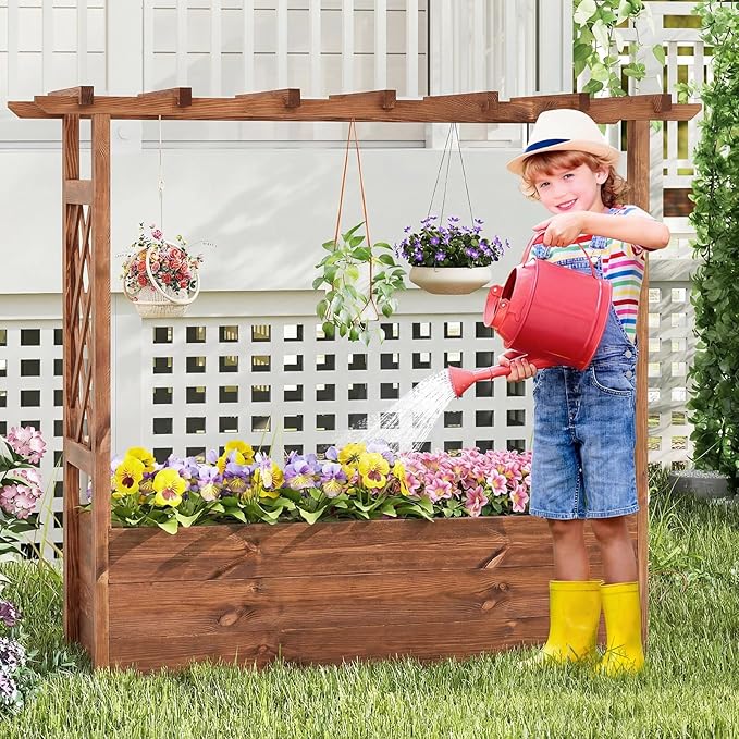 Giantex Raised Garden Bed with Sided Trellis &amp Roof Set 2 31”x16”x41” Wood Elevated Planter Box Freestanding Garden Planter Raised Bed for Flowers Herbs Climbing VinesBrown