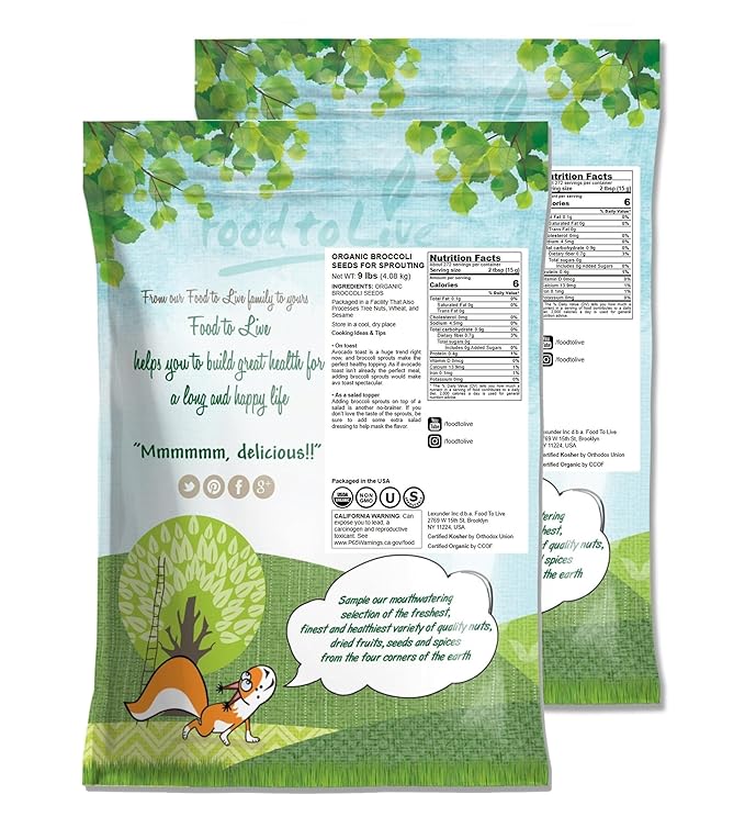 Food to Live Organic Broccoli Seeds for Sprouting 18 Pounds – Non-GMO Vegan Kosher Sirtfood Bulk. Rich in Sulforaphane Vitamin C. Grow Sprouts Microgreens for Salads and Sandwiches