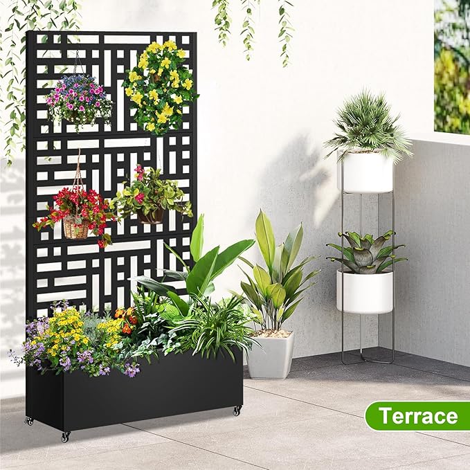 Metal Planter Box with Trellis 72x35x16 Metal Raised Garden Bed with Trellis Planter Box with Drainage Holes &amp Lockable Casters for Climbing Plants Vegetables and Vines