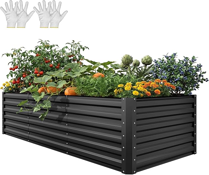 YITAHOME 8x4x2ft Large Raised Garden Bed Kit Galvanized Metal Planter Box with Gloves Ground Nails Support Rod &amp Safety Rubber Outdoor Above Ground Planters for Plants Vegetables Flowers Blac