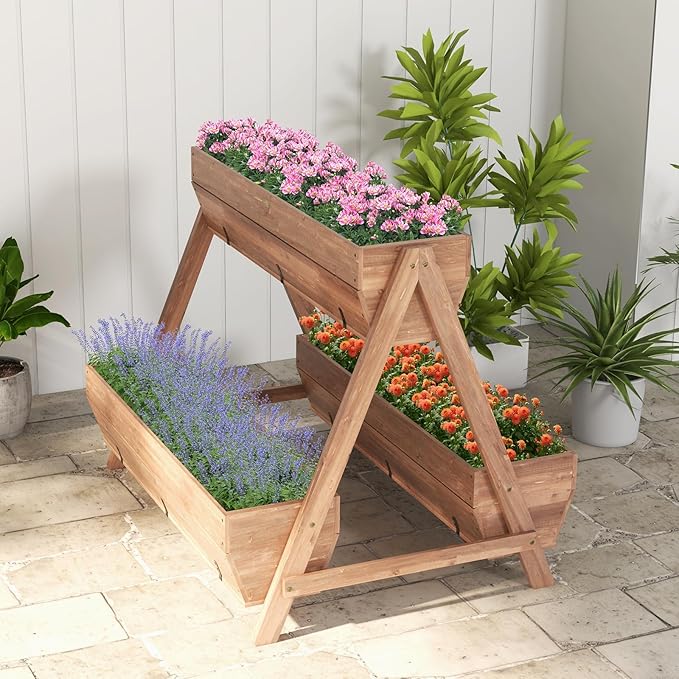 Giantex Vertical Raised Garden Bed 3 Large Wood Planter Boxes for Flower Vegetable Fruit Herb Freestanding Planter with Drain Holes Elevated Raised Beds for Indoor Outdoor Lawn Patio Yard Brown