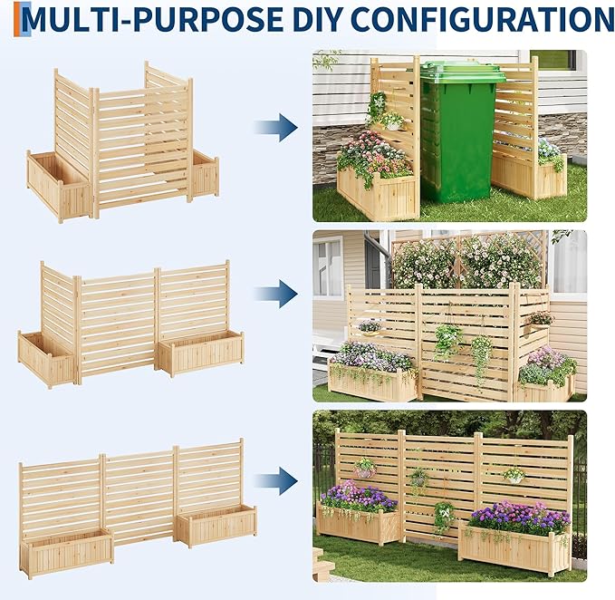 3-Panel Outdoor Privacy Screen with Planter Box 33X40 Wooden Fence Cover for Patio &amp Garden Perfect for Hiding AC Units Trash Cans Pool Pumps &amp Equipment Natural Decorative Backyard Div