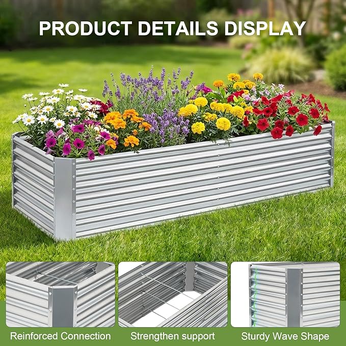 8x2x2ft Raised Garden Bed - Galvanized Deep Root Planter Boxes Outdoor with Wing Nuts and Safety Edges for Gardening Vegetables Flowers Herbs Succulents - Silver
