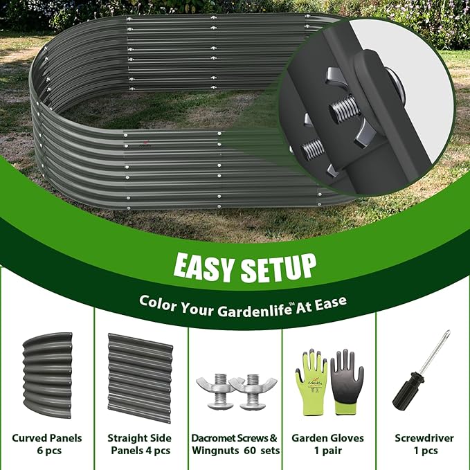 A ANLEOLIFE 2-Set 8X4X2 ft Galvanized Raised Garden Bed Kit Oval Metal Deep Root Planters for Outdoor Plants Quartz Grey