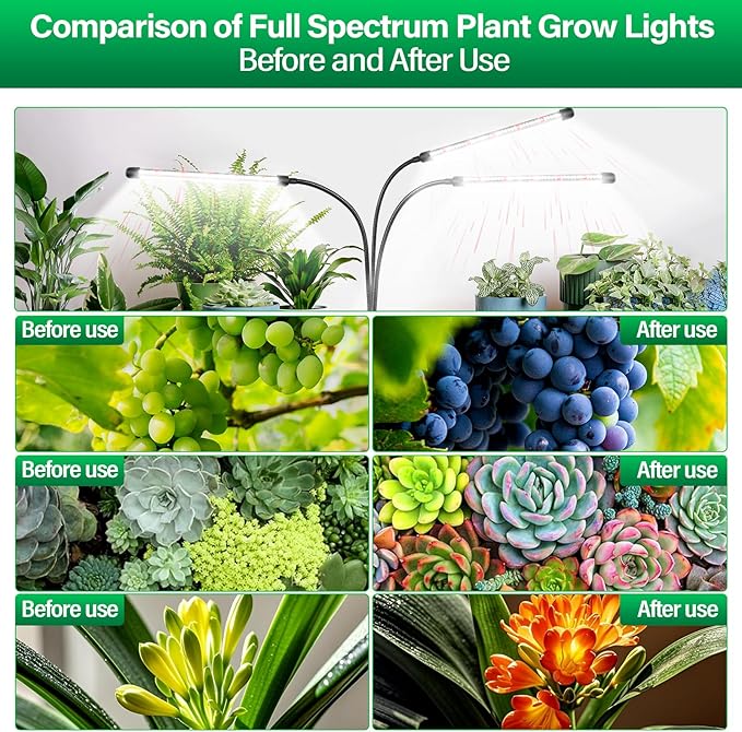 SKYWORLD LED Grow Light 126 LEDs Full Spectrum Clip Plant Growing Lamp for Indoor Plants Flexible Gooseneck Auto On Off Timing 3/9/12H 10 Dimmable Levels 3 Tubes Red &amp White