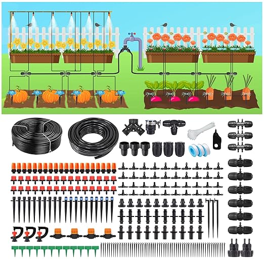 Drip Irrigation System Kit for Garden: 299CPS Automatic Drip Irrigation Kits Greenhouse Plant Watering System with 5 Kinds of Sprayers1/4 inch 1/2 inch Irrigation Tubing Hose for Raised Bed