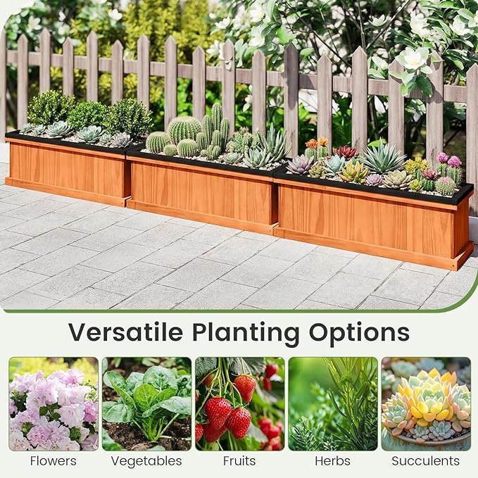 IRONMAX Wood Raised Garden Bed Outdoor Planter Box with Detachable Bottom Drainage Holes Protective Liner Rectangular Planting Bed for Yard Patio Balcony (Orange 28”x10”x10”)