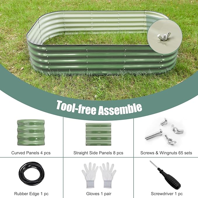 Galvanized Steel Raised Garden Bed 8x2ft Oval - 17 Tall 9-in-1 Modular Planter Box for Vegetables/Flowers Rust-Proof Metal Outdoor Planters Rubber Edging (Green)