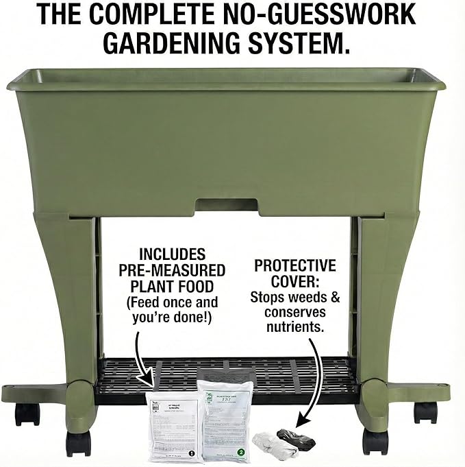 EarthBox Raised Garden Bed with Legs – Elevated Self Watering Planter Box with Wheels Storage Shelf Premium Plant Food Easy Assembly Made in USA Sage