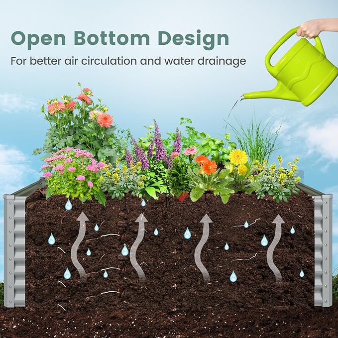 2 Pieces Raised Garden Beds Metal Garden Planter with Open Bottom Sprayed Plate &amp Thickened Corner Protectors Outdoor Planter Box for Vegetables Flowers &amp Herbs (Gray)