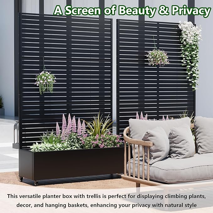Casaphoria Raised Garden Bed Metal Planter Box with Trellis 72x47x16 for Outdoor Climbing Plants Flowers Vegetables and Vines Privacy Screen with Wheels and Drainage Holes(Black Louvered02)