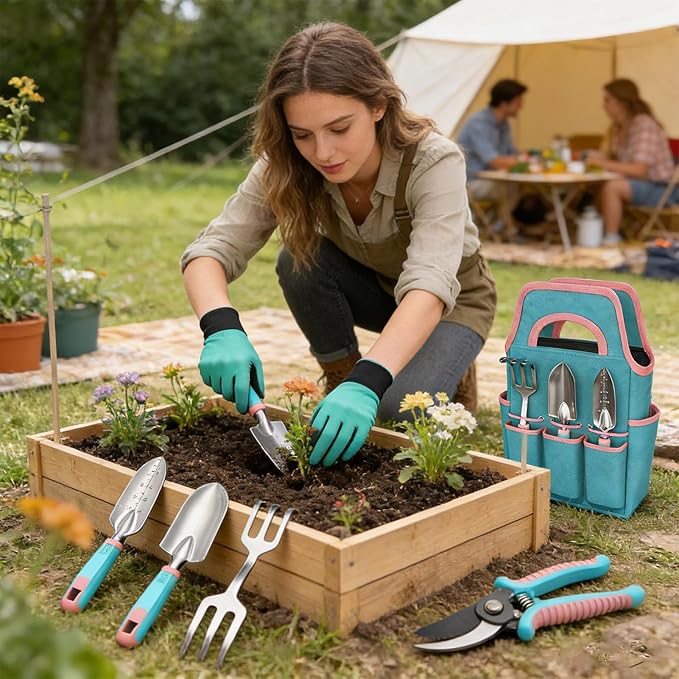 Garden Tools Kit Trowel Rake Pruner Gardening Set with Gloves Hand Tools with Carry Tote Gardening Equipment Tool Set for Indoor Outdoor Lawn Backyard Patio Balcony Greenhouse