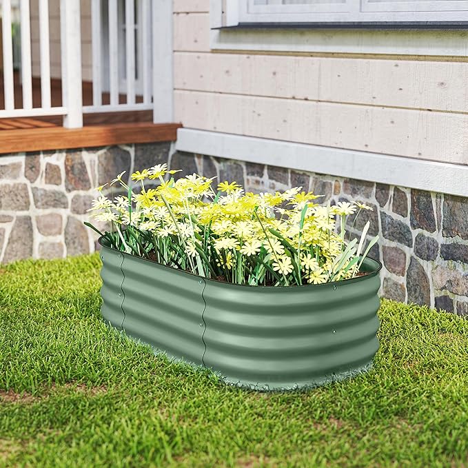 Outsunny 3.5' x 2' x 1' Galvanized Raised Garden Bed Kit Outdoor Metal Elevated Planter Box with Safety Edging Easy DIY Stock Tank for Growing Flowers Herbs &amp Vegetables Green