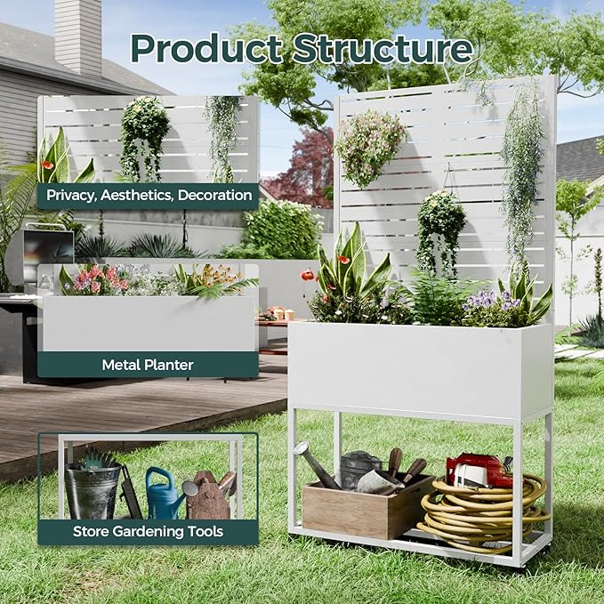 Metal Planter Box Multi-Functional &amp Easy to Assemble 67 H x 35 W Raised Garden Bed for Climbing Plants Elevated Standing Garden Planter with Drainage Holes for Outdoor Patio White