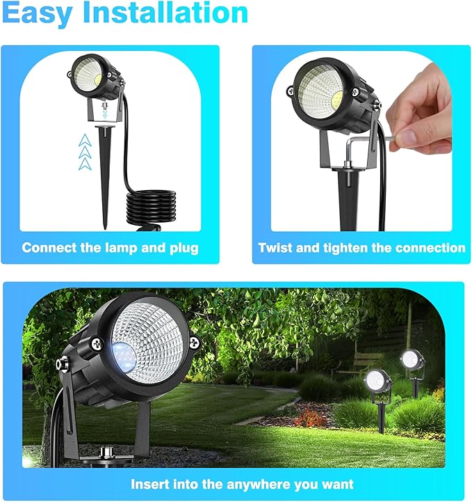 High Brightness 1000LM Outdoor Spot Lights for Yard 6500K Daylight Spot Lights Outdoor with 4.9FT Electric Cord 10W LED IP66 Waterproof Landscape Spotlights for Garden Tree Flag - 2 Pack
