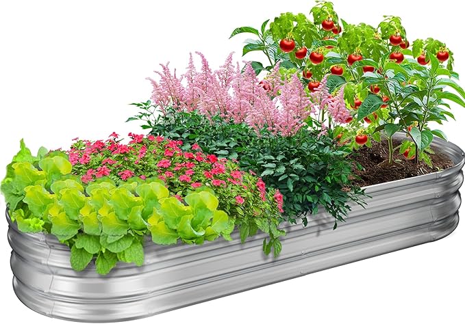 GOOZOO Galvanized Planter Raised Garden Bed 4x2x1 ft Raised Garden Bed Kit for Gardening Outdoor Oval Metal Land Planter Box for Vegetables Flowers Herbs Fruits Easy Assembly（Silver）
