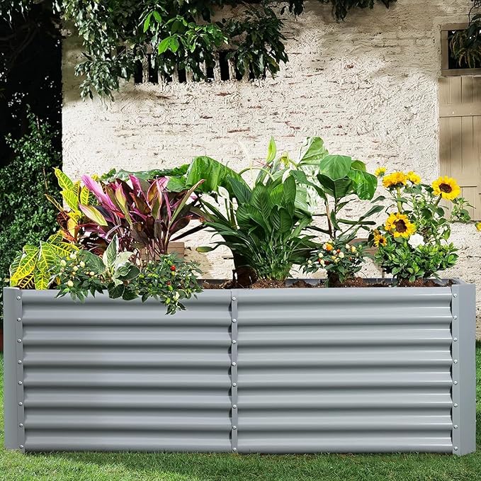 Land Guard 2 Pack 6×3×2 ft Galvanized Metal Raised Garden Bed 2FT Deep Root Elevated Planter Box Steel Large Vegetable Flower Bed Kit Modern Grey