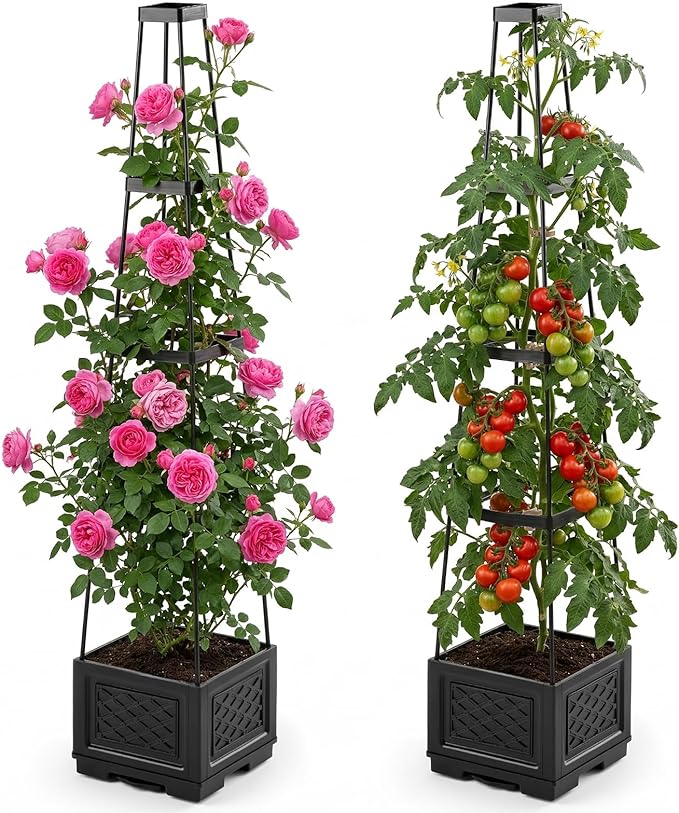 Tomato Planter with Wheels &amp Self Watering - 57 Tiered Pot with Drip Tray for Climbing Plants Vegetable Vine Flowers - Mobile Indoor/Outdoor Gardening for Small Space Patio Balcony (2 Pack)
