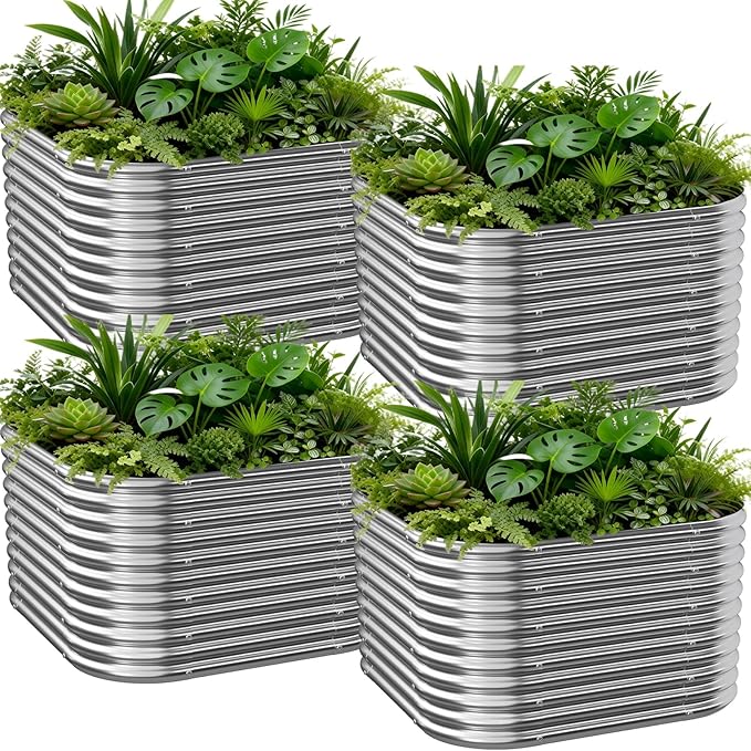 4 PCS Tall 2x2x1.5ft Galvanized Raised Garden Bed Outdoor Metal Garden Bed for Vegetables Above Ground Garden Box for Flower Steel Raised Beds for Gardening