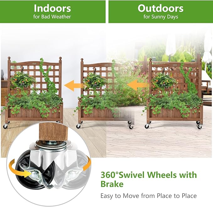 Giantex Mobile Plant Raised Bed Wood Planter with Lattice Trellis and Wheels Flower Box for Plant Climbing Vertical Garden for Balcony Patio Yard (1 25x 11x 32.5)