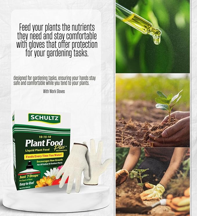 3X Schultz Plant Food Plus Liquid Plant Food 8 oz Bundle with Work Gloves – Liquid Nutrients for Indoor Potted Plants and Houseplants – Gift Set (4 Items)