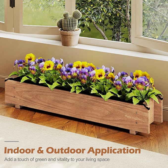 2 Pieces Wooden Raised Garden Bed with Drainage Holes Liner Rectangular Elevated Planter Box for Vegetable Flower Herb Succulent Indoor Outdoor Growing Bed for Backyard Patio Balcony