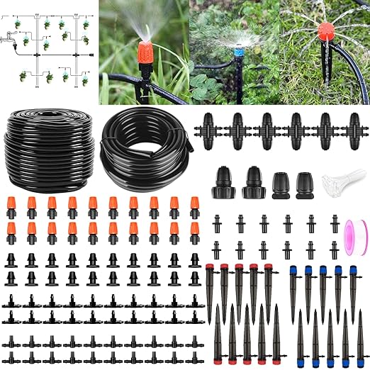 200FT+40FT Drip Irrigation System Garden Watering System with 8/11mm Main Tubing 4/7mm Distribution Irrigation Tubing and Accessories Irrigation System for Garden Greenhouse Yard Lawn Plant