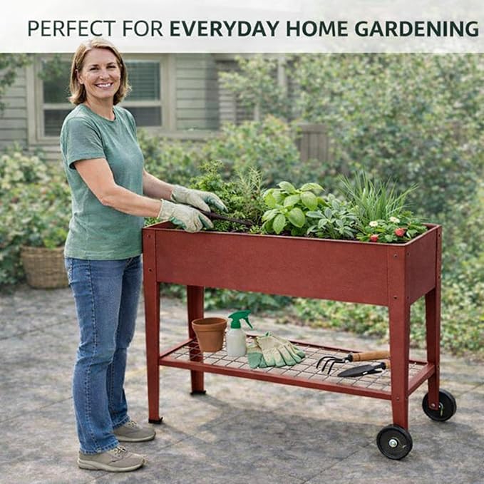 InSideOut Elevated 40 Raised Garden Bed Outdoor with Wheels &amp Shelf for Mobility Metal Planter Box for Vegetables/Herbs Patio-Balcony-Backyard (Red)
