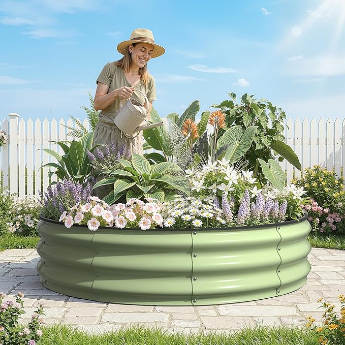 Kesfitt Round Raised Garden Bed 4x4x1 FT Galvanized Steel Metal Garden Bed Open-Bottom Design 12-Inch Deep Outdoor Raised Garden Bed for Vegetables &amp Herbs Fruit Green