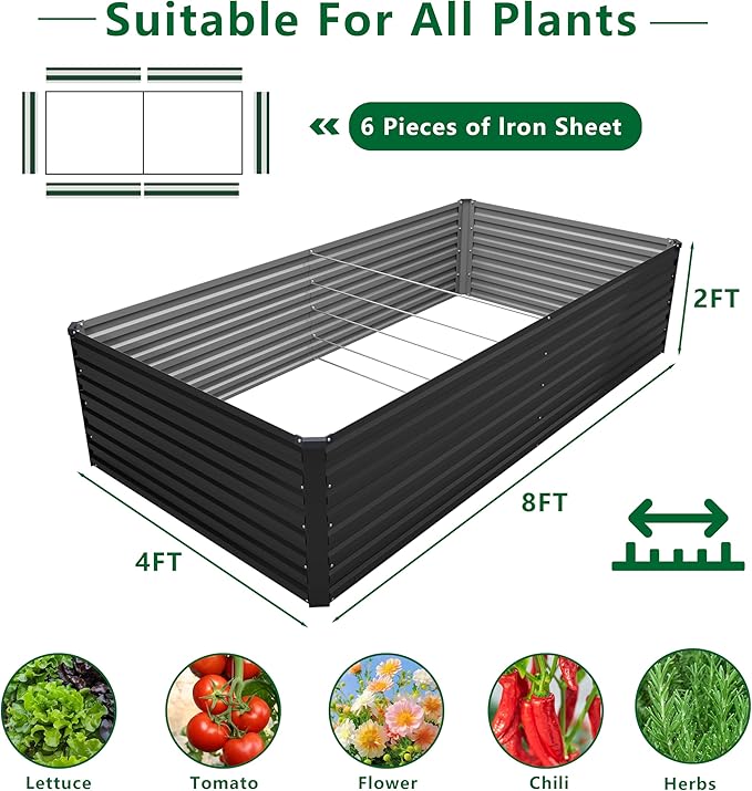 8x4x2FT Galvanized Raised Garden Bed KitVegetable Plant Boxes-Rectangle Metal Flower BoxLarge Planter Raised Beds Outdoor Garden for PlantingFruitHerb-Black