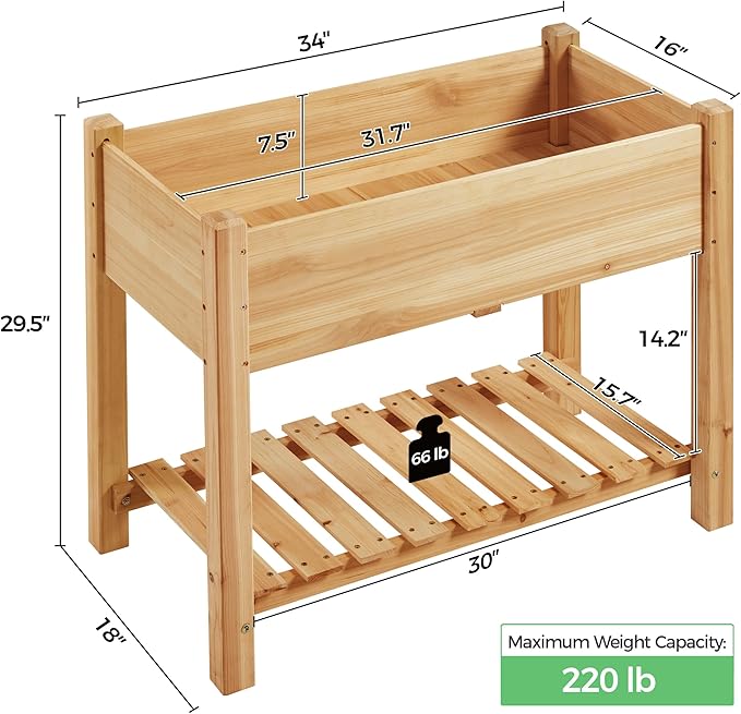 Yaheetech 34x18x30in Horticulture Raised Garden Bed 2pcs Planter Box with Legs &amp Storage Shelf Wooden Elevated Vegetable Growing Bed for Flowers Backyard Patio Balcony Light Brown