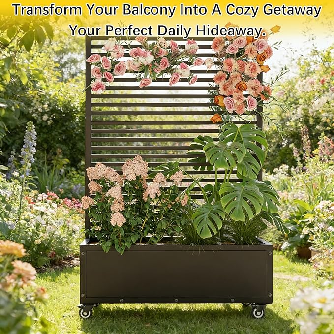 YOHKOH Metal Planter Box with Trellis 4 Wheels (2 Lockable) 13 Deep Raised Garden Bed with Trellis and Privacy Screen 47.2W x 14.7D x 70.3H Planter Box for Climbing Plants Patio Garden Black