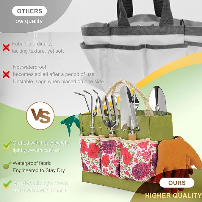 Garden Tool Set 10 PCS Gardening Essentials Stainless Steel Garden Hand Tools with Tote Bag Well-Designed Gardening Supplies Kit Gifts for Women Men Gardeners