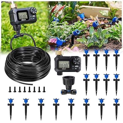 HIRALIY 50FT Pressure Compensated Drip Irrigation System with Timer No-Leak Quick Connect Automatic Watering System 12 Adjustable Emitters for Uniform Flow Garden Patio Raised Bed