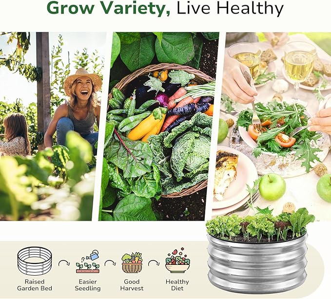 GreatBuddy 2x2x1 ft Round Galvanized Raised Garden Bed Easy-Assembly Raised Bed with Anti-Cut Gloves &amp Tools Rust-Proof Garden Bed for Outdoor Vegetables Herbs Small Trees Silver