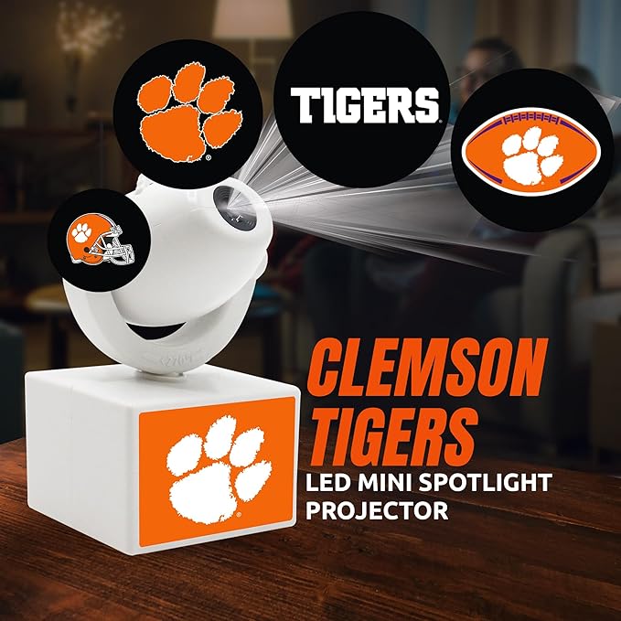 Sporticulture NCAA American Football Clemson Tigers - Adjustable Led Mini Spotlight Projector with 6 Team Logo Designs - Portable &amp Rechargeable Spotlight - Battery-Operated - 4.375” x 3.125”
