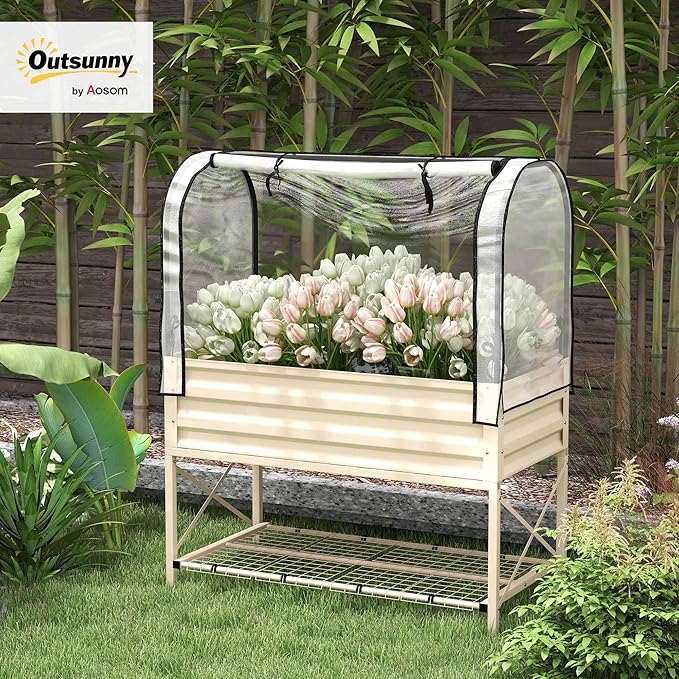 Outsunny Raised Garden Bed with Cover and Storage Shelf Rectangular Metal Elevated Planter Box with Legs and Bed Liner for Vegetables Flowers Herbs Cream