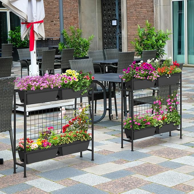 OYEAL Raised Garden Bed with Legs &amp Trellis 32 Tall Vertical Garden Planter Boxes Outdoor Flower Bed for Gardening Vegetables Flowers Herbs Backyard Grey