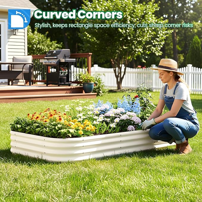 Quictent Galvanized Raised Garden Bed Kit 8x4x1 ft Oval Metal Planter Box for Vegetables Strengthened by Crossbar Beige