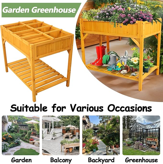 Elevated 8 Pocket Herb Garden BedWooden Standing Planter Box with Legs and Storage Shelf Patio Raised Garden Bed for HerbsVegetablesFlowers (Natural Wood 36 Inch)