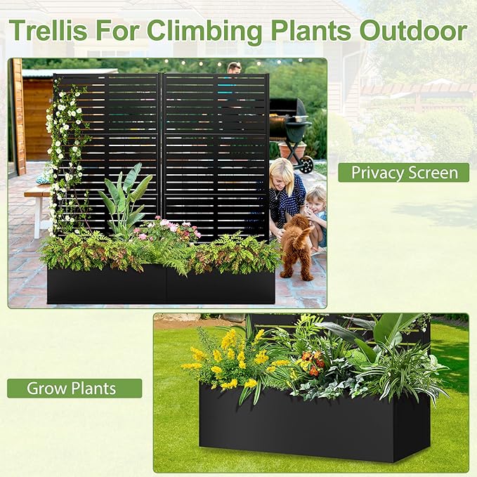 Trellis for Climbing Plants OutdoorMental Garden Bed with Drainage Holes Outdoor Privacy Screen Design Tall planters for herb Flower Vegetables 73x35x16 Black-Louvered