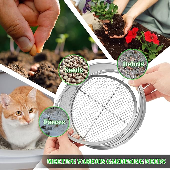 Soil Sifter for Gardening 8 Inch Stainless Steel Garden Sieve with 5 Replaceable Screens 1/3/6/9/12mm Garden Sifter with Shovel Gloves Planting Mat for Sand Rocks Dirt Compost