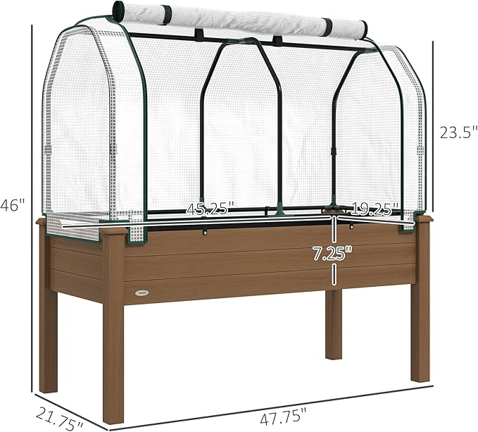 Outsunny Raised Garden Bed with PE Greenhouse Cover Outdoor Elevated Wood Planter Box for Herbs and Vegetables Use for Patio Backyard Balcony 48 x 22 x 46 inch Brown