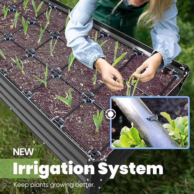 KING BIRD Raised Garden Bed with Irrigation System and Legs Galvanized Elevated Planter Box for Backyard Patio Balcony 600lb Capacity Dark Grey 70.9x22.8x31.5 in