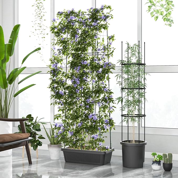 Giantex Set of 2 Raised Garden Bed w/Trellis &amp Plant Cage Planter Box w/ 71” Cucumber Trellis Round Raised Bed w/ 58.5” Tomato Cage PE-Coated Metal Adjustable Height for Climbing Plant