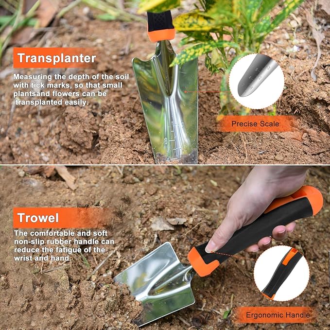 Garden Tools Set Carsolt 10 Piece Stainless Steel Heavy Duty Gardening Tools Set for Planting Pruning Gardening Kit with Durable Gardening Bag Gloves Gift Box Ideal Garden Gifts for Women Men(Orange)