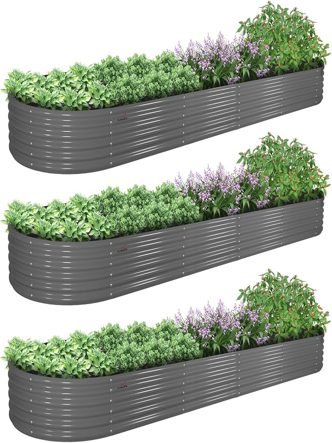 A ANLEOLIFE 3 Pcs 12X3X1.5 ft Oval Extra Large Galvanized Raised Garden Beds Outdoor for Planting Vegetables Flowers Herb Quartz Grey