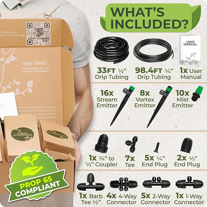 CARPATHEN Drip Irrigation System - Adjustable Quick Connect Irrigation System for Gardens up to 131ft Raised Beds - Complete Garden Watering System - 1/4 Emitters 1/2 and 1/4 Tubing and Connectors